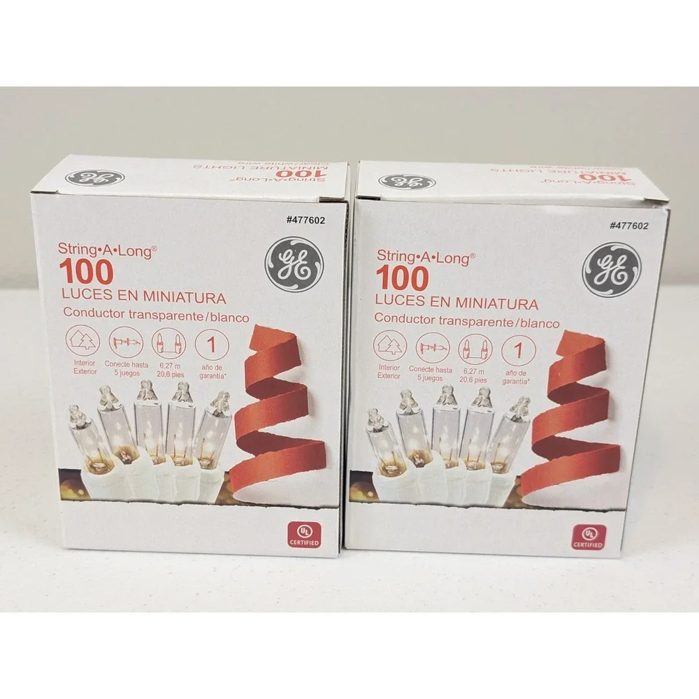 2X GE String A Long 100 Count Clear Mini Light Set White Wire Indoor/Outdoor NIB